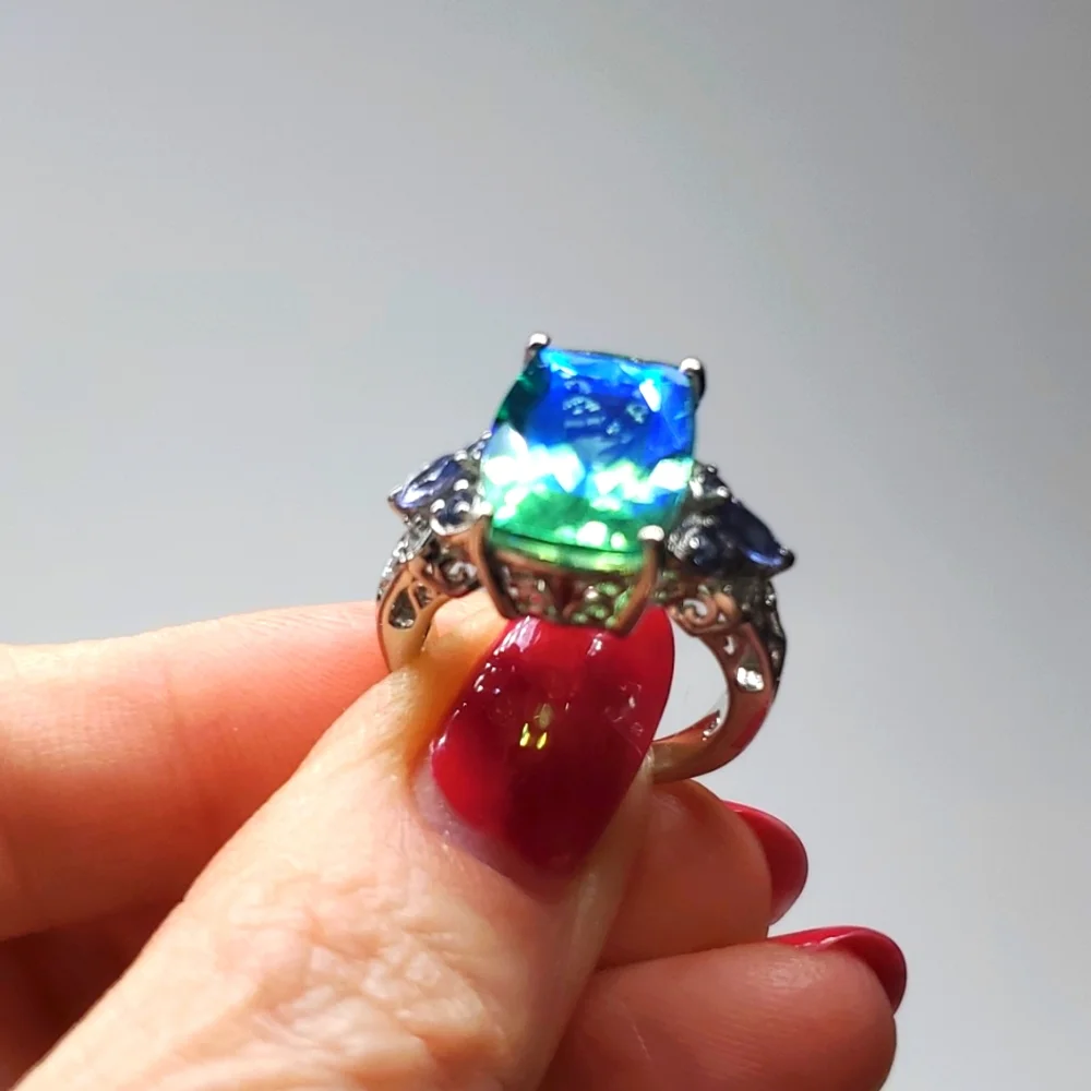 Peacock Triplet Quartz Butterfly Tanzanite Ring Platinum Sterling Silver